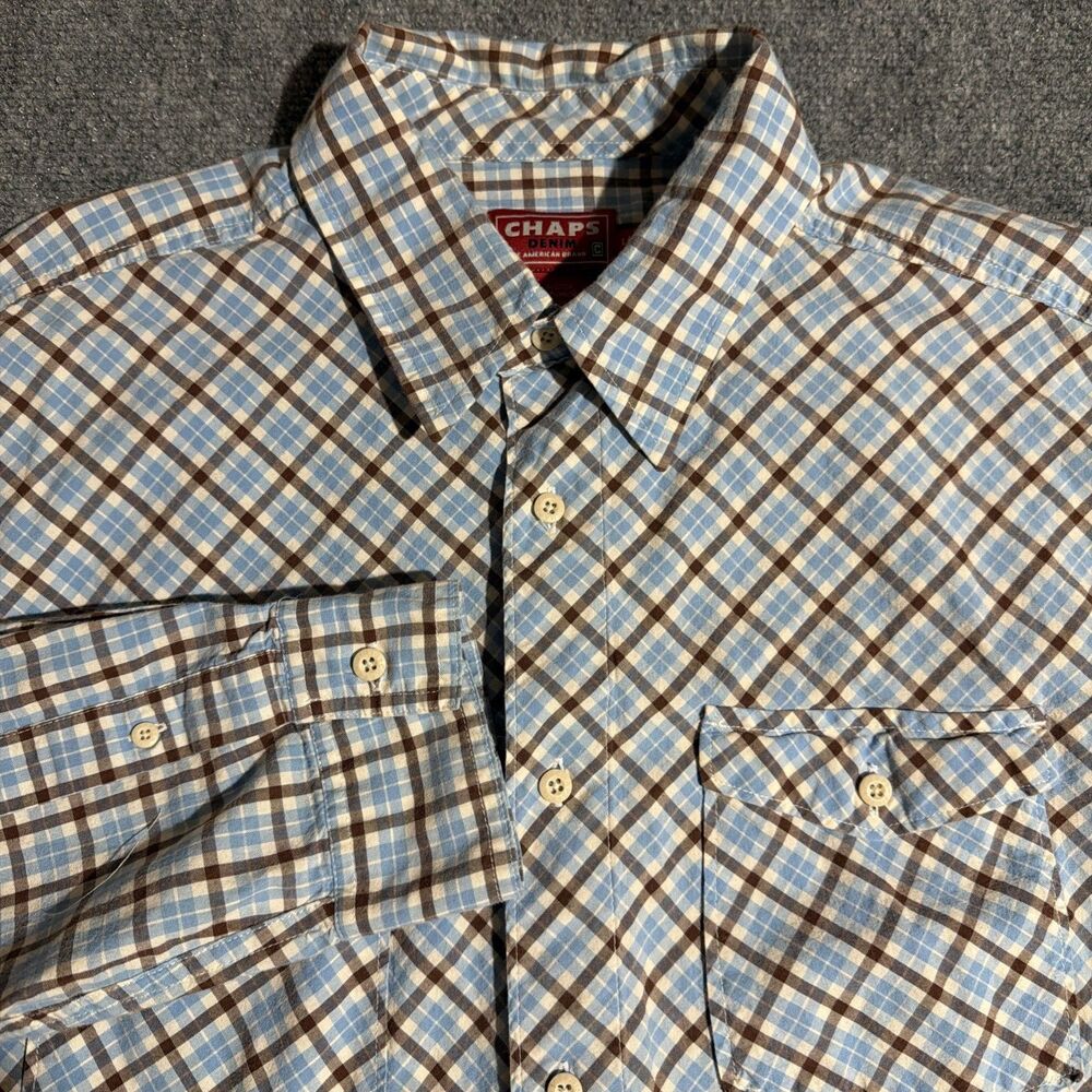 Chaps Denim Button Up Shirt Mens Large Blue Long Sleeve 100% Cotton Pockets